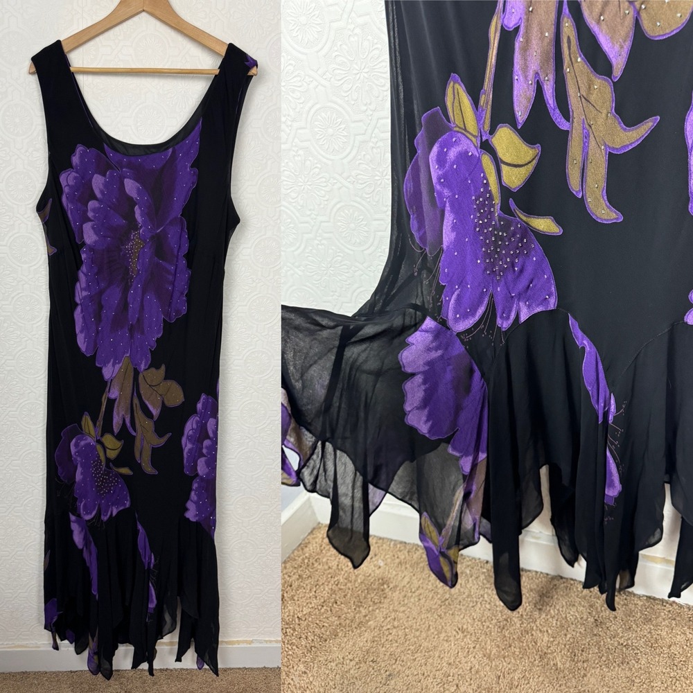 Vintage Y2K Fairycore Eva Blue Plus Floral Handkerchief Hem Dress Purple 22